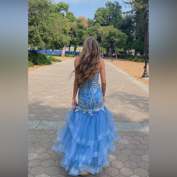 Strapless Carolina Blue Prom Dress with Silver Beading, sequins and gems. - Picture 4 of 4